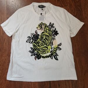 Desigual White Tee with Green and Black Tiger Design